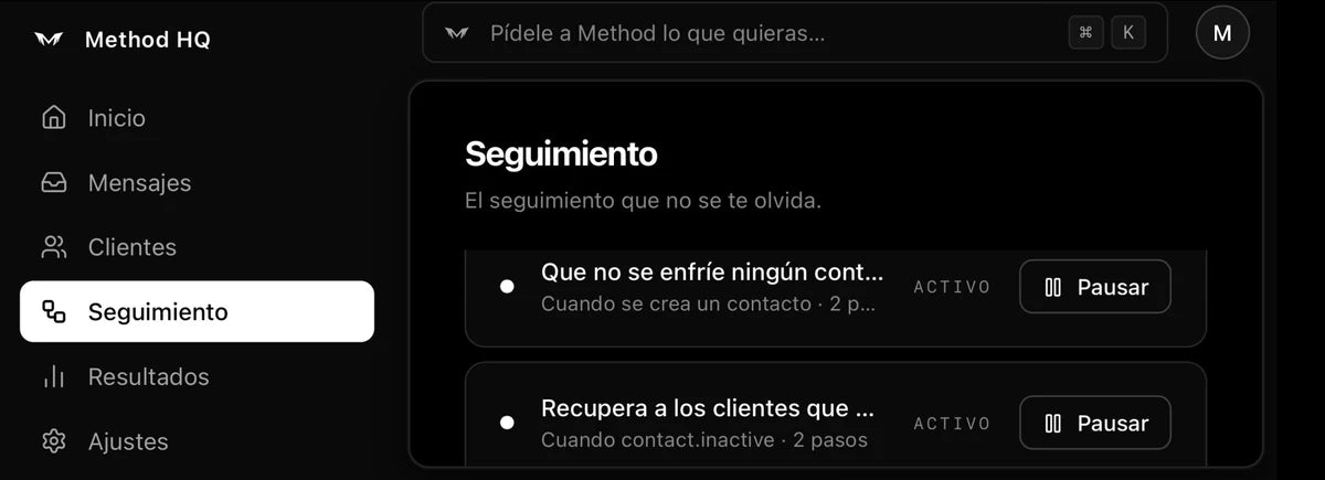 The Seguimiento screen in Method V1, with two active rules and a pause button on each.